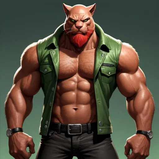 Prompt: Cataclysm from BMFM 2006, cartoon, Brown tall muscular anthropomorph cat, red cheek fur with red beard, detailed green eyes, black eyebrows black snout, black nose, black nostrils, 
green sleeveless unbuttoned jacket, muscle gut, black pants, dark brown skin, muscular chest, bald, no hair, brown skin, boot camp setting, detailed fur texture