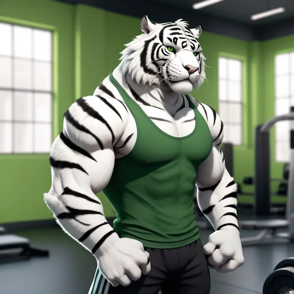 Prompt: Cartoonish 2D render of a medium-build, younger male anthropomorphic white tiger in a gym setting, detailed black tiger stripes, green pupils, high quality, cartoon, 2D render, gym, detailed fur, black chin fur, full white body fur, green tank top, stripes on body, intense expression, bicep curling