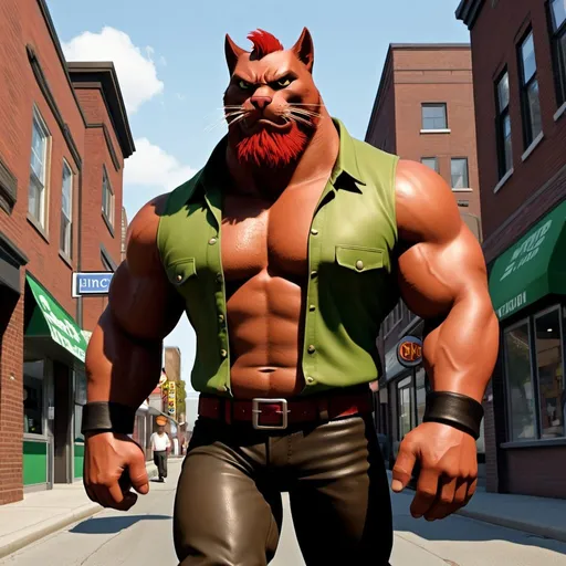 Prompt: Cataclysm from BMFM 2006, cartoon, Brown tall muscular anthromorphic cat wearing a green unbuttoned sleeveless shirt, unbuttoned shirt, revealing abs, red  cheek fur with red beard black eyebrows black snout, black nose, black nostrils, black pants, brown skin, muscular chest, bald, no top hair, brown boots, human legs, walking towards the viewer