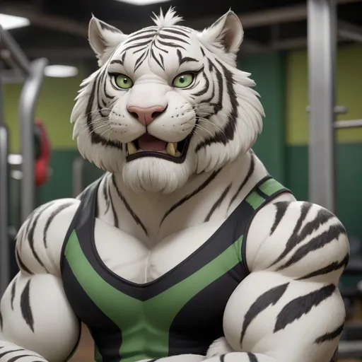 Prompt: Cartoonish 2D render of a medium-build, younger male anthropomorphic white tiger in a gym setting, detailed black tiger stripes, green pupils, high quality, cartoon, 2D render, gym, detailed fur, black goatee, full white body fur, green tank top, stripes on body