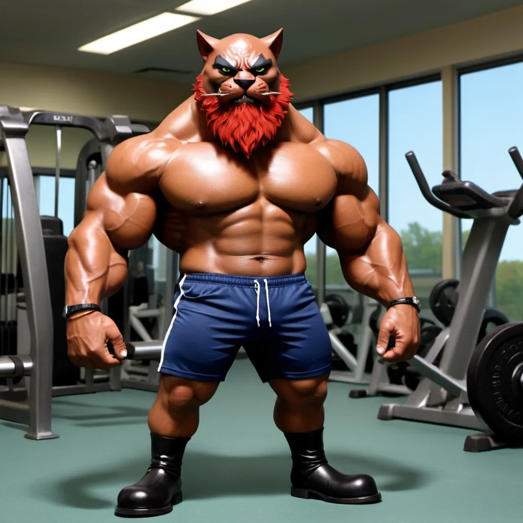 Prompt: Cataclysm from BMFM 2006, cartoon, Brown tall muscular anthromorphic cat, red beard, thick black eyebrows black snout, black nose, black nostrils, blue nylon gym shorts, brown skin, bald, no hair, brown boots, detailed green eyes with black pupils, human legs, gym setting, 