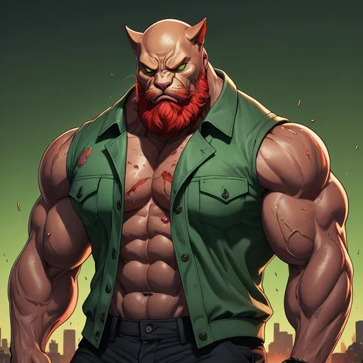 Prompt: Detailed digital illustration of a muscular anthropomorphic cat, bald with a red beard, detailed green eyes and black eyebrows, wearing a green unbuttoned sleeveless jacket, muscular chest and gut, black pants, with a sad expression and tears streaming down the face, cataclysm, emotional, digital illustration, detailed eyes, muscular physique, tears on face, highres, emotional art, dramatic lighting