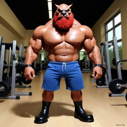 Prompt: Cataclysm from BMFM 2006, cartoon, Brown tall muscular anthromorphic cat, red beard, thick black eyebrows black snout, black nose, black nostrils, blue nylon gym shorts, brown skin, bald, no hair, brown boots, detailed green eyes with black pupils, human legs, gym setting, realistic 