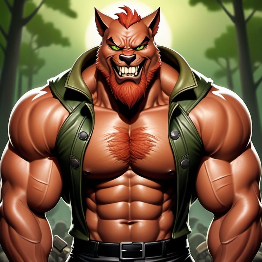 Prompt: Cataclysm from BMFM 2006, cartoon, Brown tall muscular anthropomorph cat,  red beard, detailed green eyes, black eyebrows black snout, black nose, black nostrils, 
green sleeveless open jacket with exposed chest, muscle gut, black pants, dark brown skin, muscular chest, bald, no hair, brown skin, boot camp background, detailed fur texture, cheerful expression, crossing arms around chest, laughing