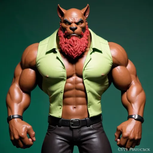 Prompt: Cataclysm from BMFM 2006, cartoon, Brown tall muscular anthromorph cat, red cheek fur with red beard black eyebrows black snout, black nose, black nostrils, 
dark green sleeveless unbuttoned shirt, open shirt
4-pack abs, muscle gut, black pants, dark brown skin, muscular chest, bald, no hair, brown boots, green eyes with black pupils, human legs, 