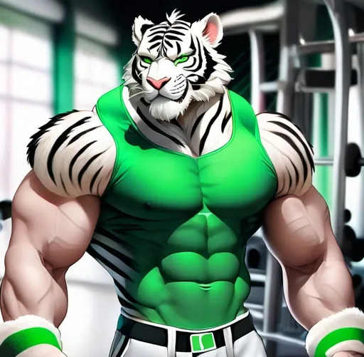 Prompt: Cartoonish 2D render of a male  anthropomorphic white tiger, gym setting, detailed white body fur with black stripes, 
Human eyes with small green pupils,  high quality, cartoon, 2D render, gym, detailed fur, slim build, younger male, smiling, black goatee, full body fur