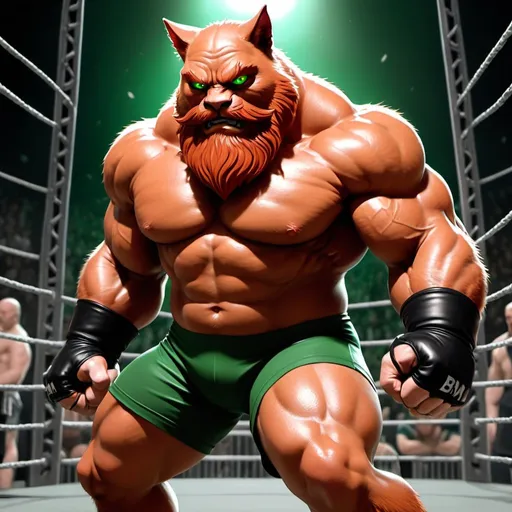 Prompt: Cataclysm from BMFM 2006, cartoon, Brown tall muscular anthropomorph cat with a large red beard, detailed green eyes, black eyebrows black snout, black nose, black nostrils, black m.m.a. shorts, fingerless gloves, muscular chest, bald, caged ring setting, wrestling ring, detailed fur texture, fight pose, dynamic movement 