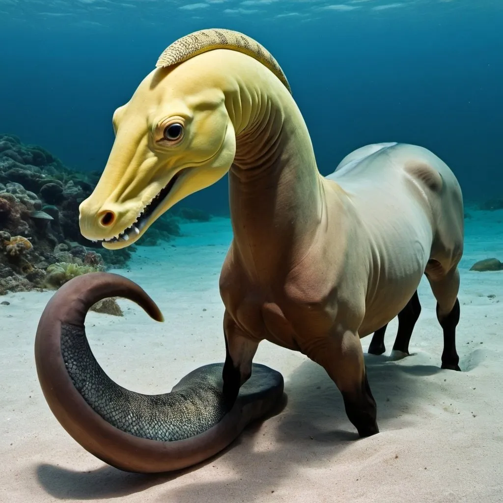 Prompt: a horse with an moray eel as a head and tail