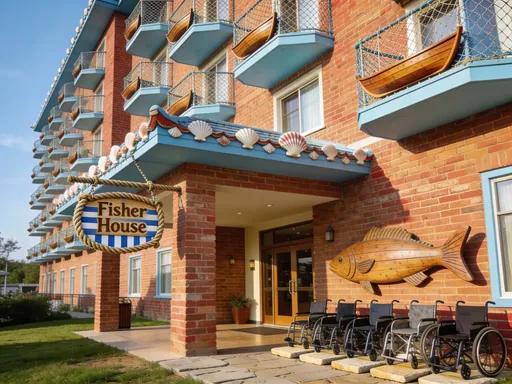 Prompt: Create a hotel made of brick with infinite rooms stacked on top of the main site. The decoration theme is fisherman. it is sunny out. There are wheelchairs out front. The sign says Fisher House