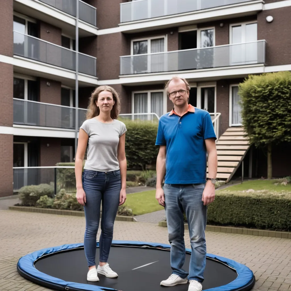 Prompt: dutch man and woman standing in front of the entrance of an appartment complex. they carry a trampoline but it doesnt fit through the entrance door.