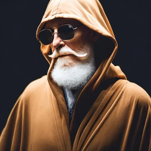 Prompt: Image of a white 
man wearing a brown robe smirking with a long white beard under a brown hood with sunglasses on and his face more obscured by the hood

