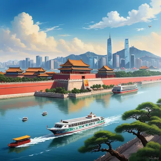 Prompt: (realism style), the Forbidden City of China, (vibrant backdrop), stunning view of Hong Kong's harbor, with dynamic ferries gliding across the sparkling water, towering skyscrapers reflecting sunlight, lush greenery in the background, captivating blue sky with soft white clouds, intricate architectural details of the Forbidden City, highly detailed and ultra-realistic, breathtaking atmosphere, (HD) quality.