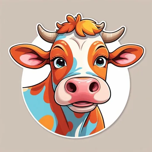 Prompt: Cartoon-style illustration of a cow named Lorena, vibrant and cheerful color palette, cute and expressive facial features, high quality, cartoon, vibrant colors, cute design, personalized name tag, playful and lively atmosphere