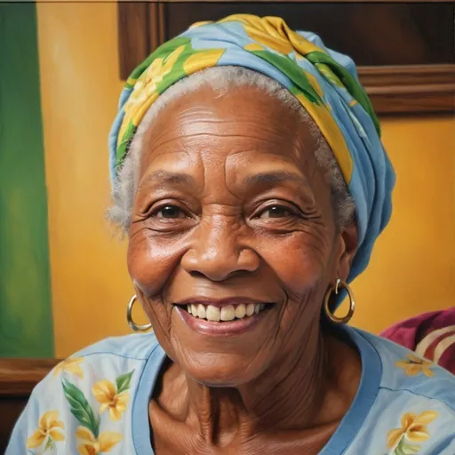 Prompt: Vibrant, youthful Jamaican grandmother in her 70s, natural and radiant, oil painting, detailed wrinkles and smiling eyes, warm and inviting, high quality, lifelike, warm tones, natural lighting, detailed features, vibrant colors, joyful expression