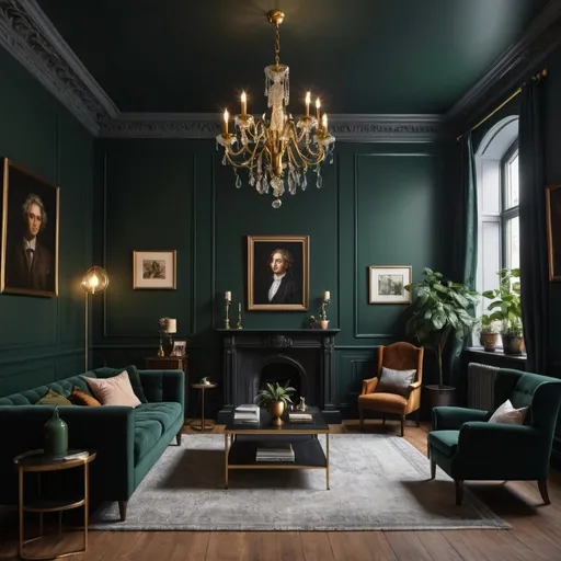 Prompt: Hd realistic photo of dark academia living room aesthetic, dark green walls, brass chandelier, daytime townhouse