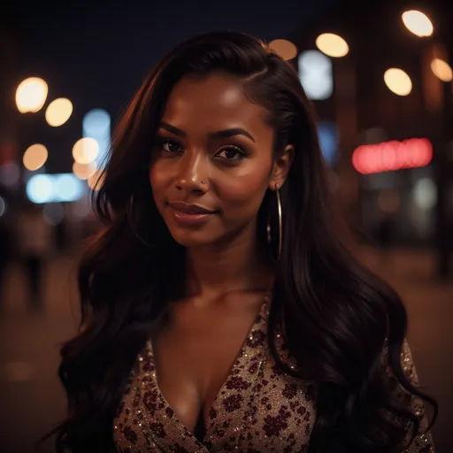 Prompt: A photo of a full body real life brown skin beautiful woman, filled with hope, realistic long hair, detailed outfit, night life setting, Chinwe Chukwuogo-Roy, harlem renaissance, bokeh