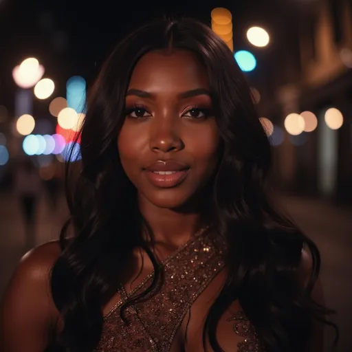 Prompt: A photo of a full body real life brown skin beautiful woman, filled with hope, realistic long hair, detailed outfit, night life setting, Chinwe Chukwuogo-Roy, harlem renaissance, bokeh