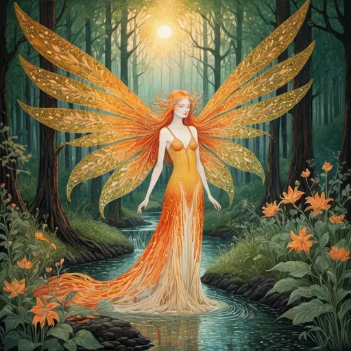 Prompt: A fiery fairy above a realm of misty forests and magical streams. In the style of Kay Nielsen. Rich color palette. A fairy-tale, mysterious, and magical world. The fairy is the central figure of the painting. Her wings are surrounded by delicate flames. Her long, flowing hair resembles flames. In the background, dense, misty forests, with sunlight filtering through the trees, the golden hour. Streams and rivers shimmer. Flowers provide a contrast to the green leaves. Pointillism, intricate mosaic technique, depth, double exposure