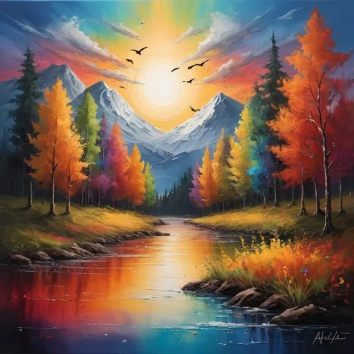 Prompt: Atrament seeps into the canvas, creating a vibrant and fluid masterpiece. The akwarela technique adds layers of depth and emotion, while the use of drewno as a canvas adds a natural and rustic element. In the distance, a flock of colorful ptaki soar through the sky, completing the scene