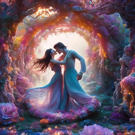 Prompt:  A mesmerizing view from above unfolds as two figures engage in a soft dance, surrounded by an ocean of colors. Delicate petals and a fairytale garden create a vision of boundless emotions. Mystical lighting enhances the magical scene, blending diverse inspirations into a distinctive composition. 