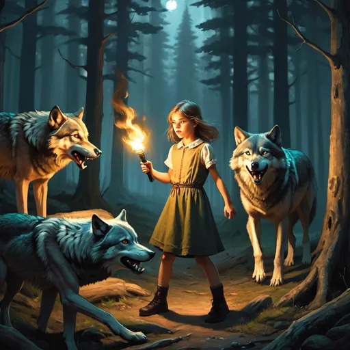 Prompt: dark forest, cottage,girl fighting 3 wolves with a torch