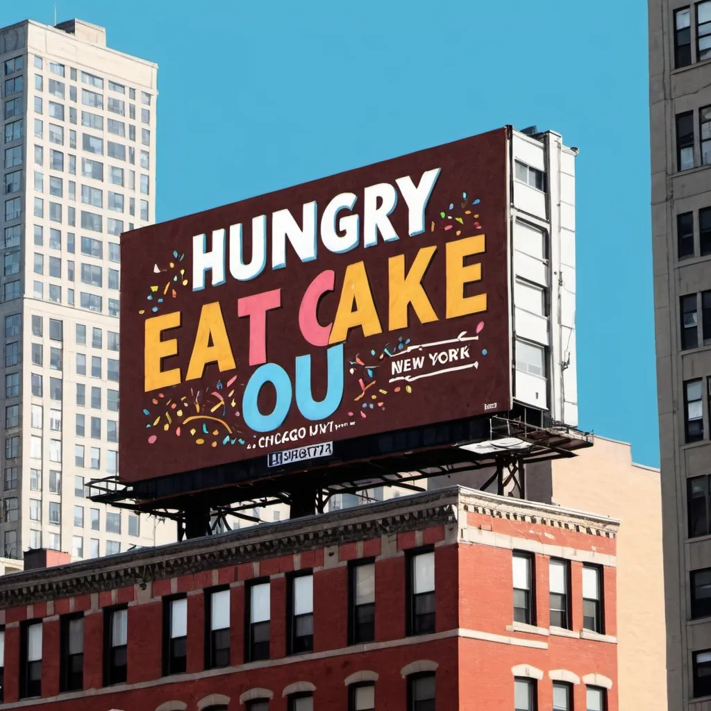 Prompt: A digital painting of a billboard seen on rooftops of downtown Chicago New York apartments, signtext reads :"Hungry? Eat cake!":