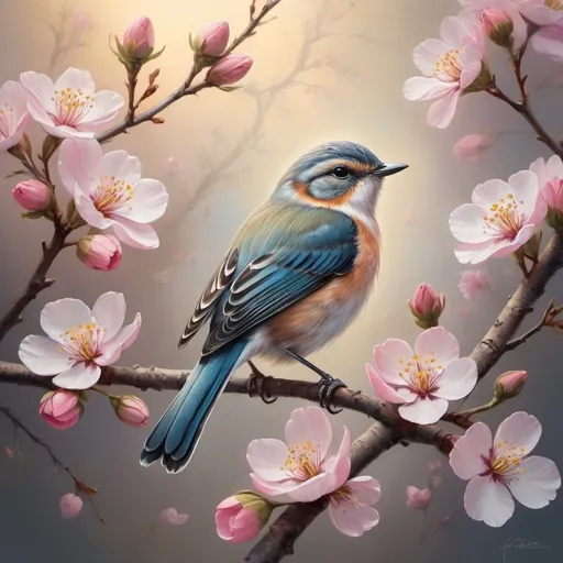 Prompt: Create a detailed and realistic painting of a small bird perched on a branch, surrounded by blossoming flowers with a soft, ethereal lighting illuminating the scene.



