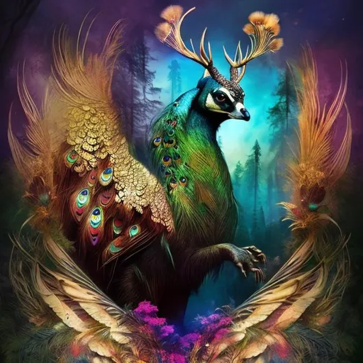 Prompt: In the forest emerges a remarkable creature, combining the beauty of a peacock, the grace of a deer, and the strength of a bear. Adorned with colorful feathers, elegant silhouette, and impressive claws, it forms a harmonious blend of these three animals, captivating the viewer.





