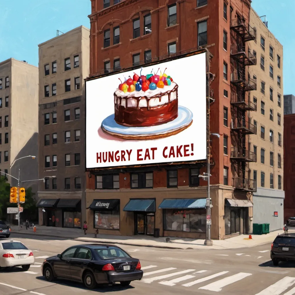 Prompt: A digital painting of a billboard seen on rooftops of downtown Chicago New York apartments, signtext reads :"Hungry? Eat cake!":