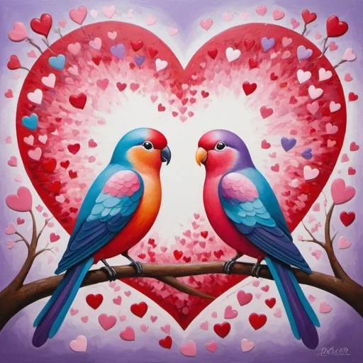 Prompt: A charmingly crafted painting, delicately depicting a romantic scene amidst a Valentine's Day ambiance. Colorful lovebirds soar gracefully in the sky, forming heart-shaped patterns with their flight. Each stroke of the brush captures the tender affection between the birds, their plumage vibrant with hues of red, pink, and purple. The soft, pastel background sets the stage for this heartwarming display, evoking feelings of warmth and love. In this captivating artwork, the artist skillfully portrays the essence of romance, inviting viewers to immerse themselves in the beauty of this tender moment. With meticulous attention to detail and a perfect composition, this painting elevates the Valentine's Day spirit to the realm of exquisite artistic expression. Romantic Atmosphere, Lovebirds, Valentine's Day, Tender Affection, Heart-shaped Patterns, Pastel Colors, Captivating Artwork, Meticulous Attention to Detail, Perfect Composition, Heartwarming Display.