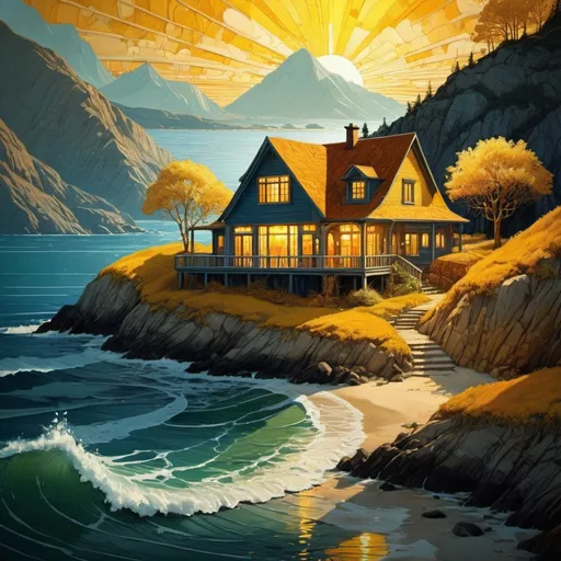 Prompt: very beautiful insanely detailed image of glowing seascape cottage in golden spring". beautiful golden mountains, bright dark yellow ornate sun, by Victo_Ngai, Oleksandra Ekster, Malevich, Vladyslav Yerko and Alexander Jansson, Vladyslav Yerko! Very Complex perfect elegant composition! linen gesso acrylic paper, epic Dramatic lighting! Razor-sharp quality insanely detailed, deep colors realistic masterpiece