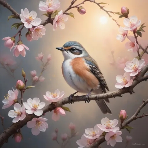 Prompt: Create a detailed and realistic painting of a small bird perched on a branch, surrounded by blossoming flowers with a soft, ethereal lighting illuminating the scene.



