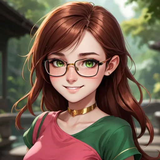 Prompt: avatar girl, black brown gold hair, green gold eyes, glasses, red or pink dress, smailing