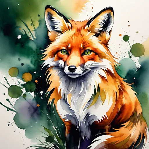 Prompt: high quality, 8K Ultra HD, In this exquisite ink painting, the dynamic essence of the fox unfolds with striking beauty, The deep hues of green, orange and purple ink converge to form intricate patterns, capturing the essence of the elegance and strength, Each stroke tells a story of precision and purpose, evoking the spirit of traditional Japanese artistry, The graceful dance of the fox on the canvas creates a visual symphony, celebrating the cultural significance of this iconic motif, by yukisakura, high detailed,
