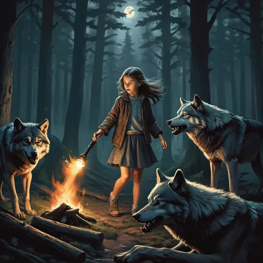 Prompt: dark forest, cottage,girl fighting 3 wolves with a torch