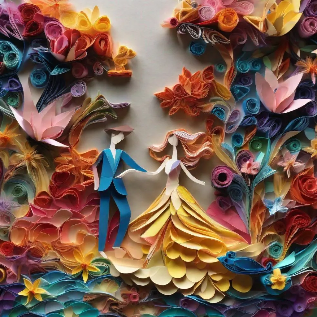 Prompt: Crafted through origami and quilling, a 3D masterpiece emerges. Two figures dance in a sea of folded colors, petals gracefully scattering. A fairytale garden forms, blending symbolism and magic. The play of light and structure adds depth, transcending traditional boundaries. 