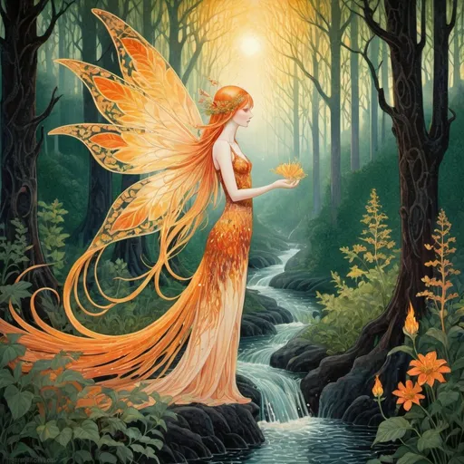 Prompt: A fiery fairy above a realm of misty forests and magical streams. In the style of Kay Nielsen. Rich color palette. A fairy-tale, mysterious, and magical world. The fairy is the central figure of the painting. Her wings are surrounded by delicate flames. Her long, flowing hair resembles flames. In the background, dense, misty forests, with sunlight filtering through the trees, the golden hour. Streams and rivers shimmer. Flowers provide a contrast to the green leaves. Pointillism, intricate mosaic technique, depth, double exposure