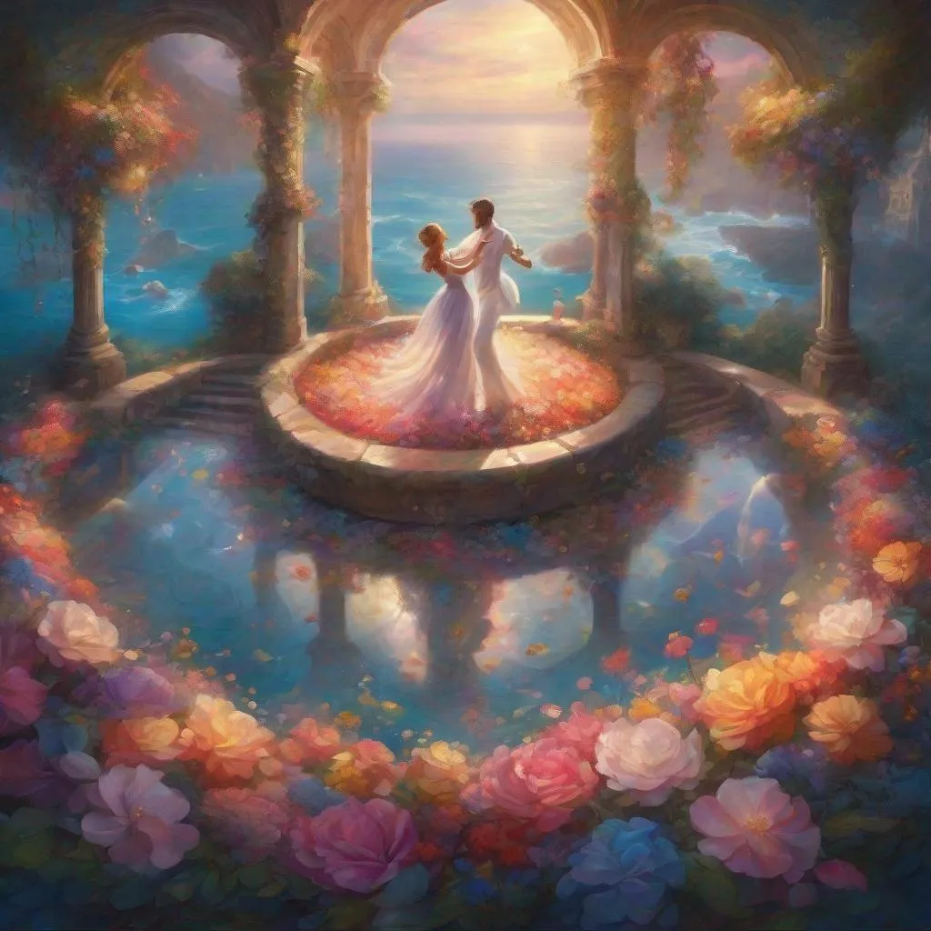 Prompt:  A mesmerizing view from above unfolds as two figures engage in a soft dance, surrounded by an ocean of colors. Delicate petals and a fairytale garden create a vision of boundless emotions. Mystical lighting enhances the magical scene, blending diverse inspirations into a distinctive composition. 