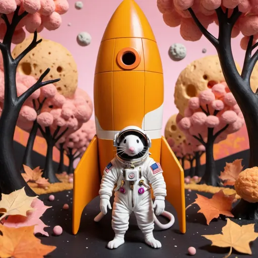 Prompt: Astronaut mouse. He is leaving the rocket. In the background fancy pink, black, brown and orange trees. They resemble cheese