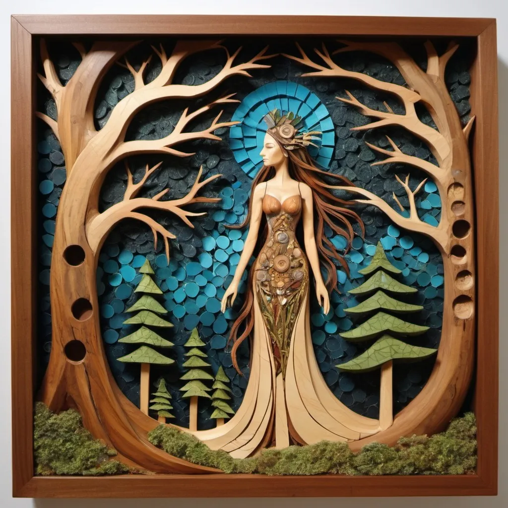 Prompt: Liminal dream of the vision of the Earth goddess, guardian of the Earth, defender of the Earth. Wood Stick Sculpture with Forest Motifs, Wood Inlay Carving, and Wood Carving Technique are various woodworking methods used to incorporate forest themes into wooden sculptures. Whimsical diorama collage, Decuple and more Exposure, brocade  gouache fractal collage mosaic mosaic mixed media oil on canvas pastels  pencil sketch ink drawing kintsugi majolica dye-transfer volumetric lighting acrylic art airbrush art ambient occlusion cel-shaded chalk art charcoal drawing digital illustration faience filigree impasto mandelbrot  mandelbulb quilling resin cast retroism stipple tesselation thermal imaging watercolor wet brush wet wash woodcut