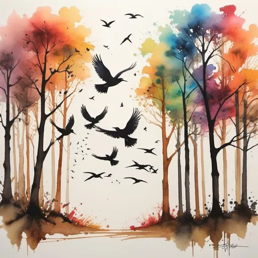 Prompt: Ink and watercolor collide in a burst of color and energy, creating a dynamic and visually stunning piece. The use of wood as a canvas adds a raw and natural element, while the silhouettes of the trees in the background add a sense of depth and perspective. The graceful flight of the birds adds a sense of movement and life to the scene