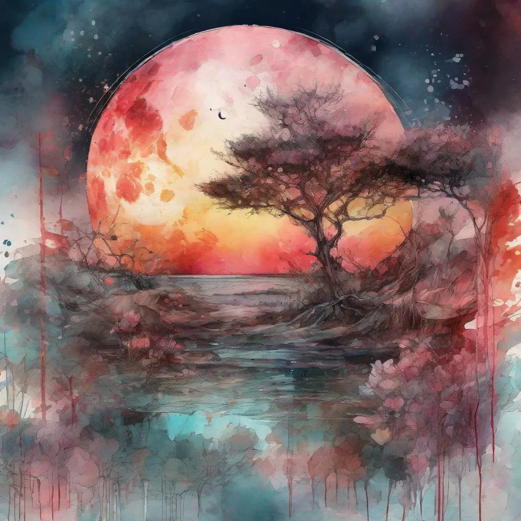 Prompt: bloodmoon Digital watercolor Illustration of a summerscape sunset, by Waterhouse, JB, Carne Griffiths, Minjae Lee, Ana Paula Hoppe, Stylized watercolor art, Intricate, Complex contrast, HDR, Sharp, soft Cinematic Volumetric lighting, flowery pastel colours, perfect wide long shot visual masterpiece Screen print, pop art, splash screen art, triadic colors, digital art, 8k resolution trending on Artstation, golden ratio, symmetrical, rule of thirds, geometric bauhaus abstract vector fractal, wave function, Zentangle, 3d shading

