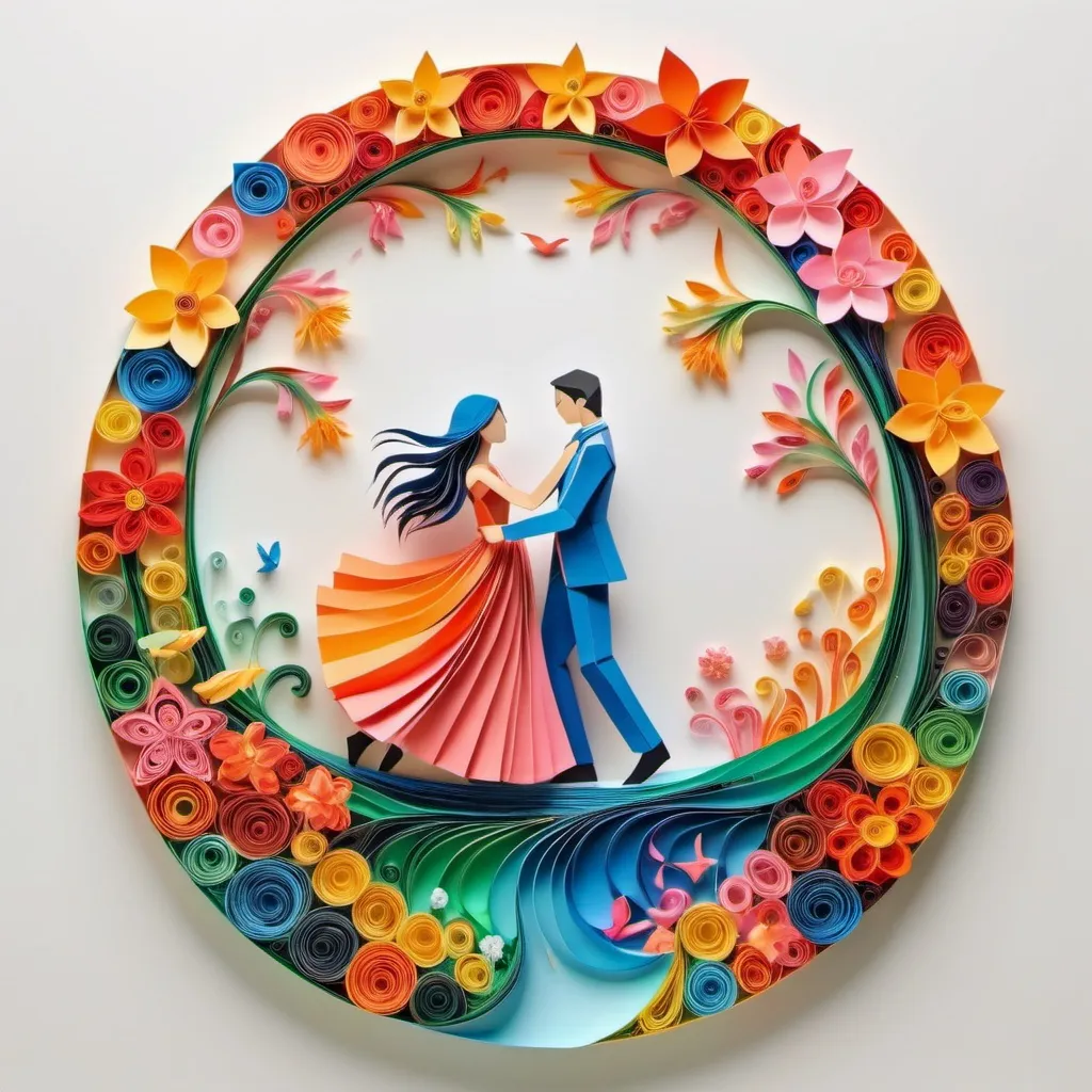 Prompt: Crafted through origami and quilling, a 3D masterpiece emerges. Two figures dance in a sea of folded colors, petals gracefully scattering. A fairytale garden forms, blending symbolism and magic. The play of light and structure adds depth, transcending traditional boundaries. 