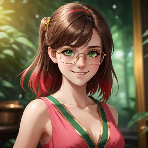 Prompt: avatar girl, black brown gold hair, green gold eyes, glasses, red or pink dress, smailing