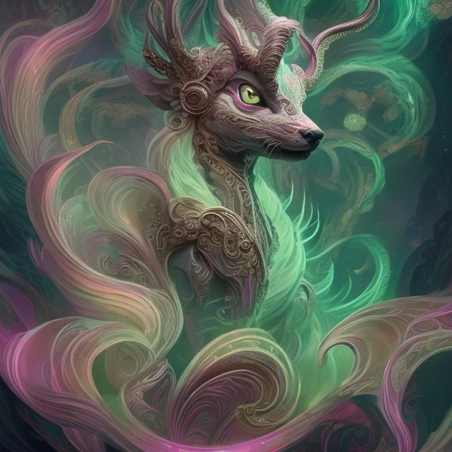 Prompt: In this visually striking piece, a mythical pet takes center stage. This magnificent creature, reminiscent of art deco and baroque styles with a touch of art Nouveau, boasts intricate details that bring it to life. resolution of 64k, showcases the pet against a backdrop of a breathtaking aurora and astral elements. The artist's exceptional skill allows for every minute feature of the pet to be captured, from its ethereal and fantastical appearance to its twilight hues that evoke a sense of mystery. The use of synesthesia in this image adds another layer of intrigue, as the viewer can almost hear and taste the colors and textures depicted. With low poly elements seamlessly integrated, the pet possesses an otherworldly charm. The composition of the image adheres to the principles of the golden ratio, further enhancing its aesthetic appeal. This artwork transports us to an antique realm where mythical creatures reside, inviting us to delve into their captivating and enigmatic world