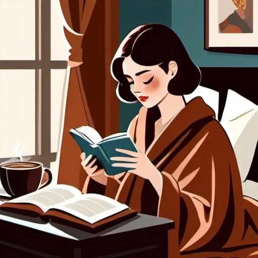 Prompt: A girl lying in bed covered with a blanket, reading a book, next to her on the coffee table stands a cup of cocoa or coffee, art deco