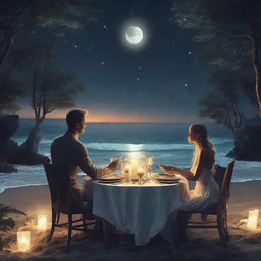 Prompt: Candlelit Dinner two person moon forest ocean bright night, divine light