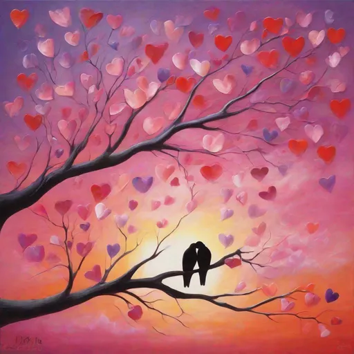 Prompt: A charmingly crafted painting, delicately depicting a romantic scene amidst a Valentine's Day ambiance. Colorful lovebirds soar gracefully in the sky, forming heart-shaped patterns with their flight. Each stroke of the brush captures the tender affection between the birds, their plumage vibrant with hues of red, pink, and purple. The soft, pastel background sets the stage for this heartwarming display, evoking feelings of warmth and love. In this captivating artwork, the artist skillfully portrays the essence of romance, inviting viewers to immerse themselves in the beauty of this tender moment. With meticulous attention to detail and a perfect composition, this painting elevates the Valentine's Day spirit to the realm of exquisite artistic expression. Romantic Atmosphere, Lovebirds, Valentine's Day, Tender Affection, Heart-shaped Patterns, Pastel Colors, Captivating Artwork, Meticulous Attention to Detail, Perfect Composition, Heartwarming Display.