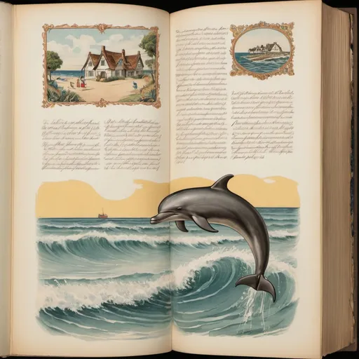 Prompt: The viewer is presented with a perspective of holding an open children's book from the 1930s-1940s. The image showcases two pages of a stitched book, featuring slightly yellowed, vintage paper with subtle creases, indicating it has been well-loved and frequently read by children. On the left page, there is a richly illustrated image of a magical dolphin emerging from ocean waves, with intricate embellishments on its head. In the background, a beach with seaside cottages and playing children is visible. The right page features illegible text in English calligraphy, maintaining a diverse range of letters and good proportions. The book's edges are adorned with oceanic motifs. The hands holding the book are meticulously rendered, showing visible thumbs, realistically textured nails, and delicate grooves. Fingerprints, skin folds, and bone structures underneath the skin are clearly depicted. The image fills the entire frame, with no visible background, directing focus on the detailed element of the open book held in hands