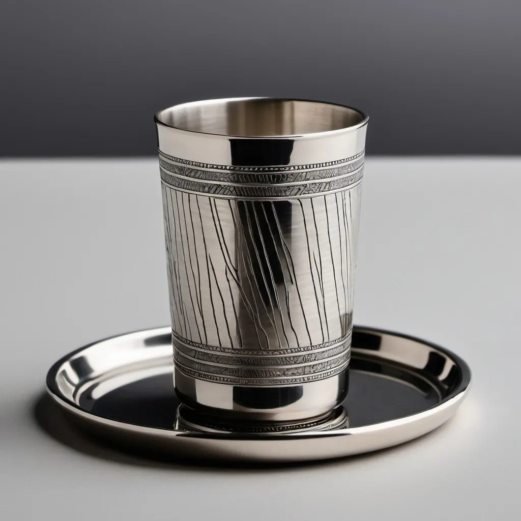 Prompt: Kiddush cup with tray design made from etching,  modern design, something with lines
